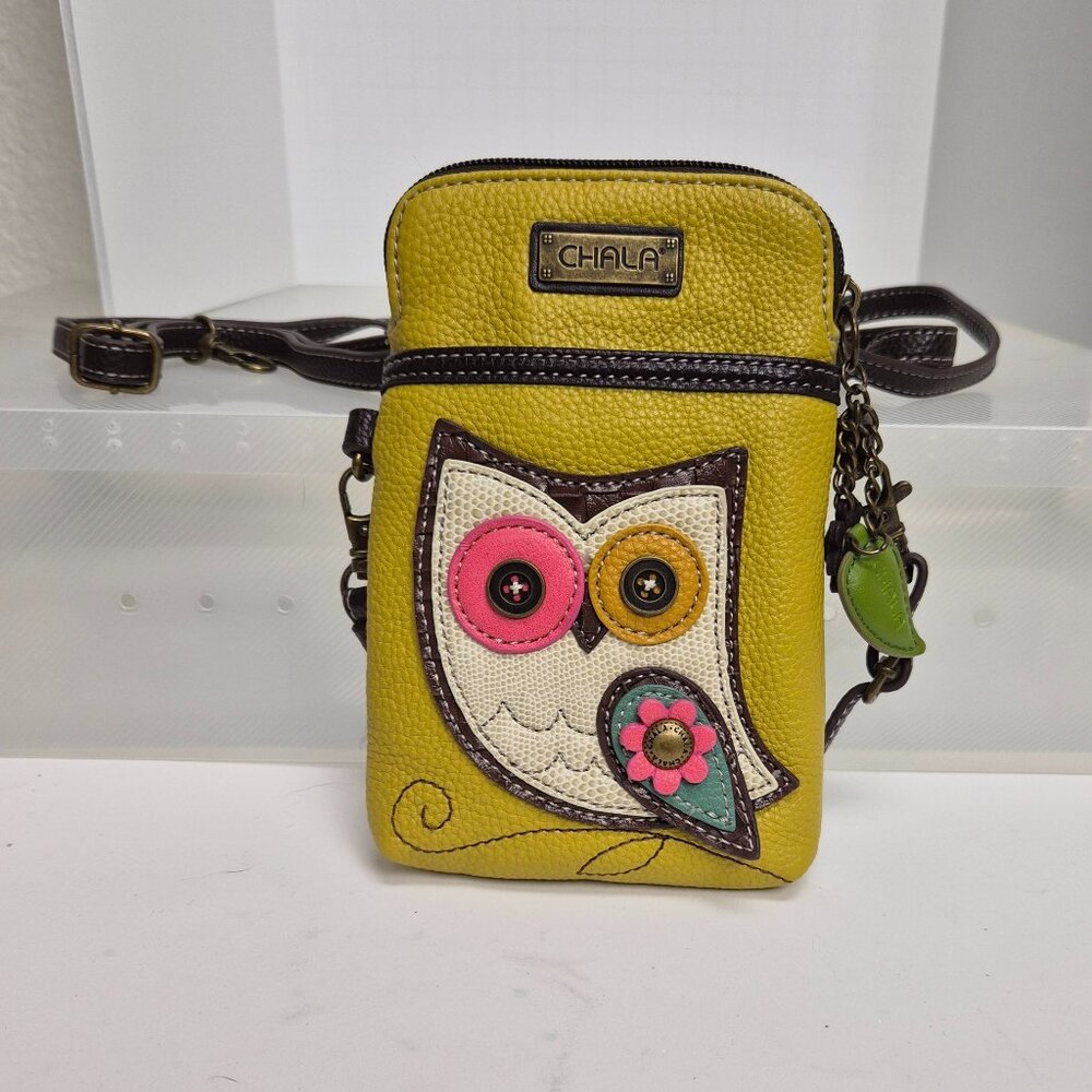 Chala brand small cross body purse with owl design and polka dot lining EUC